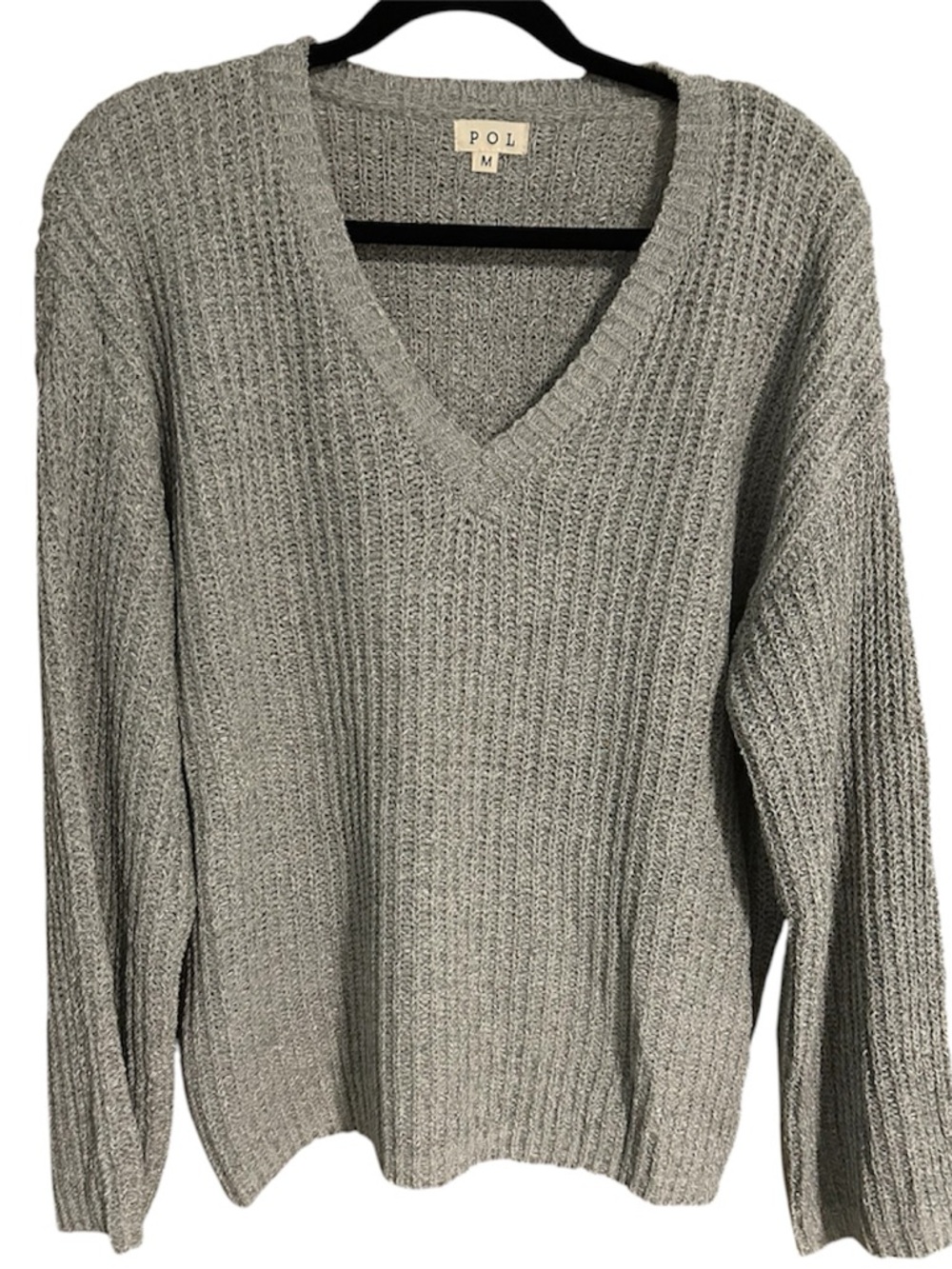 POL V-Neck Chunky Ribbed Sweater in Light Gray